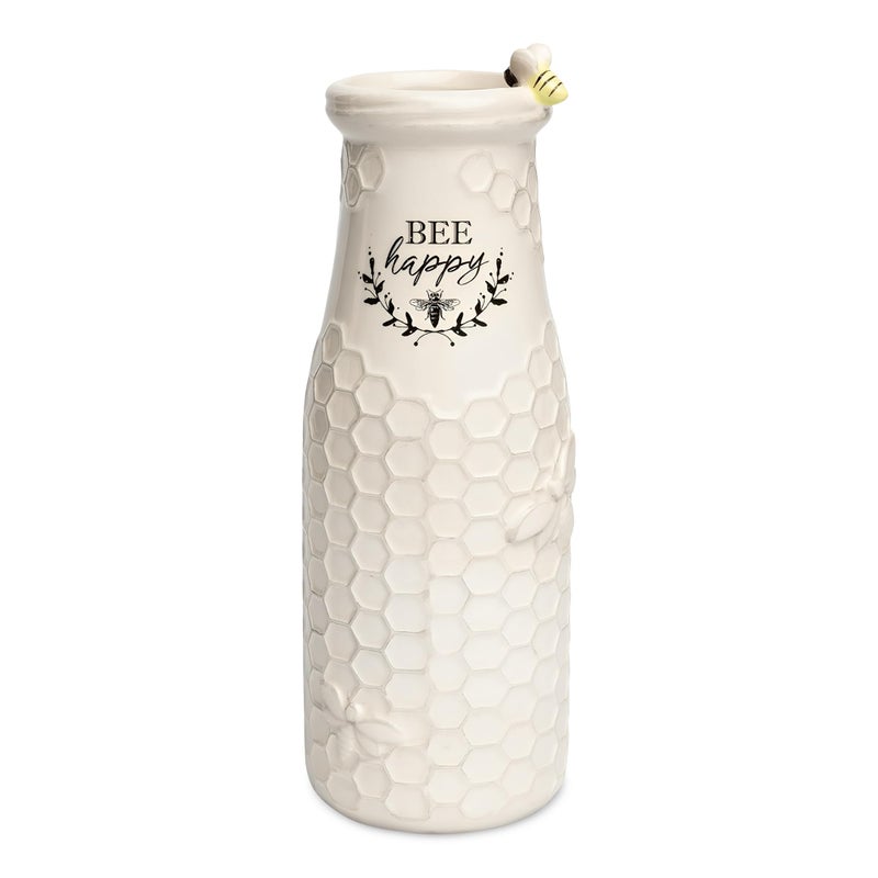 Young's Inc. Ceramic Flower Vase (Bee Happy) - White Ceramic Vase - Honeycomb Decor - 3" L x 3" W x 8" H Contains one Flower vase - Image 1